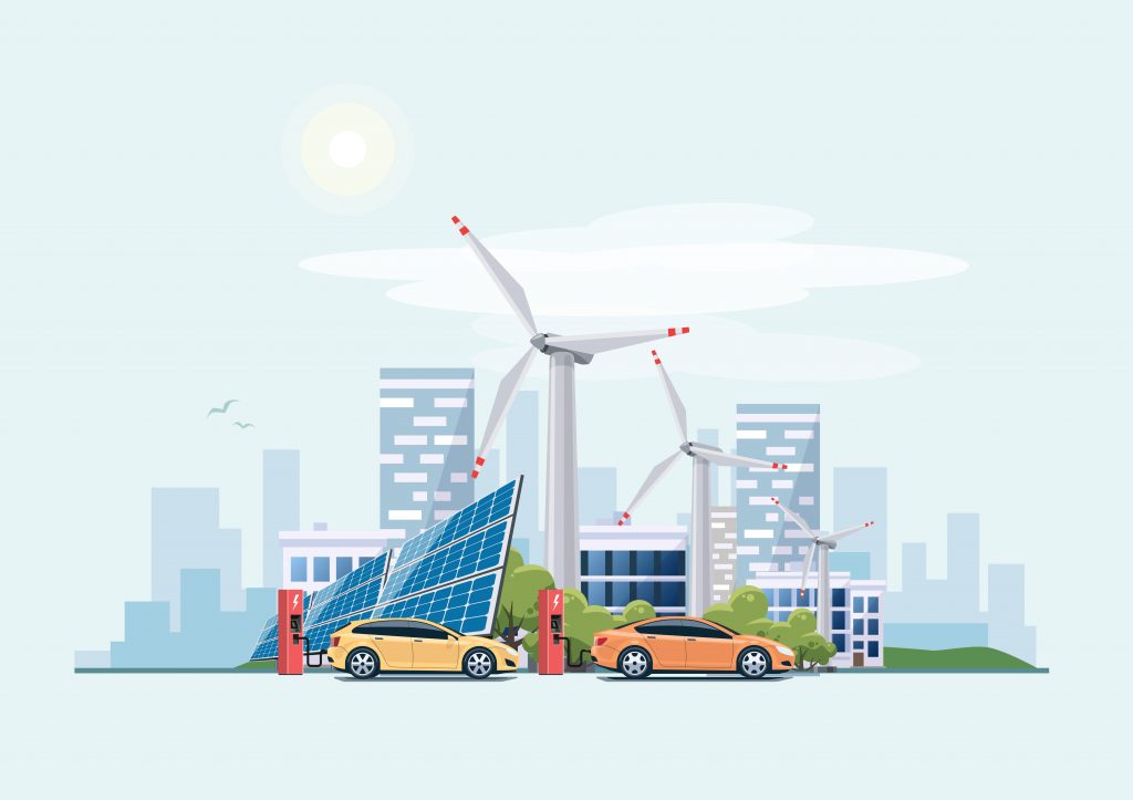 Electric cars charging at the charger station in front of the solar panels and wind turbines. City building skyline in the blue background. Eco green city theme.